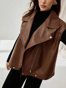 Auralis Plus Size Women's Autumn And Winter Fashion Casual Loose Comfortable Daily Basic Versatile Brown PU Leather Vest Jacket,Fall Coats,Casual Women Outfits,Fall Outfits Women,Western Wear Women,Back To School,Y2k Clothes,Street Wear,Winter Jacket For Women