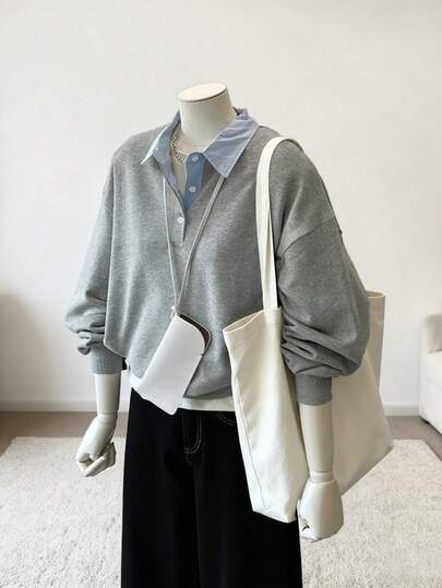 INAWLY 大码女式撞色 Polo 领长袖休闲宽松卫衣