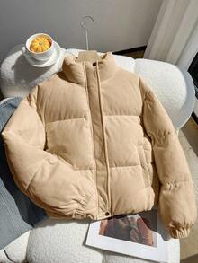 Modischer Stehkragen Cord Mantel mit Langarm und Polsterung, geeignet für Herbst/Winter, Oberbekleidung, stilvolle Silhouette für Teenager Mädchen - Braun - Übersicht 4