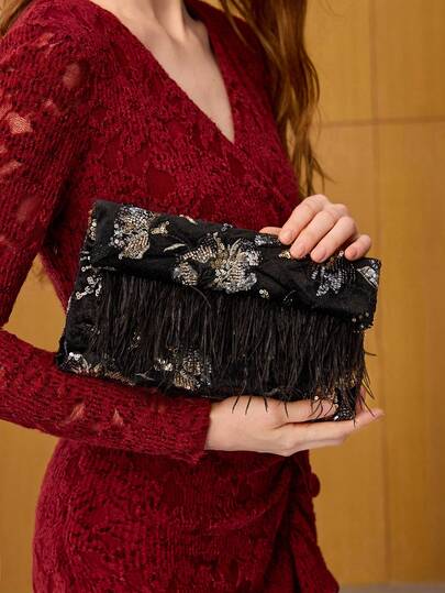 MOTF PREMIUM Túi xách cầm tay nữ thanh lịch, họa tiết hoa, đính hạt cườm, kiểu dáng túi phong bì, trang trí lông vũ nhân tạo, thích hợp cho ngày Valentine.