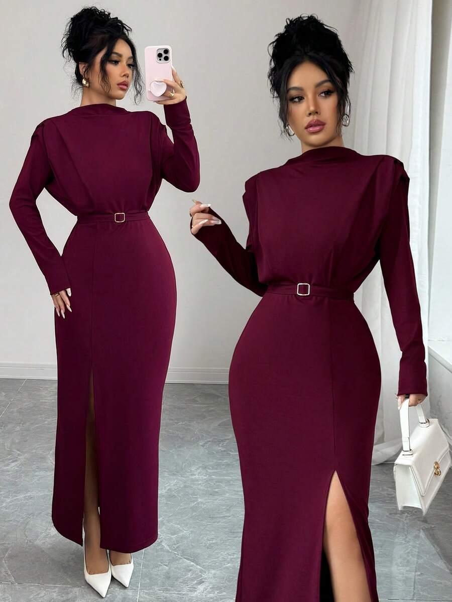 Elenzga Women's Elegant Burgundy Long Sleeve Dress,Autumn Ruffle Shoulder Solid Color With Metal Buckle Belt,For Casual,Commute,Vacation,Dining,Formal Parties - Maroon - View 1