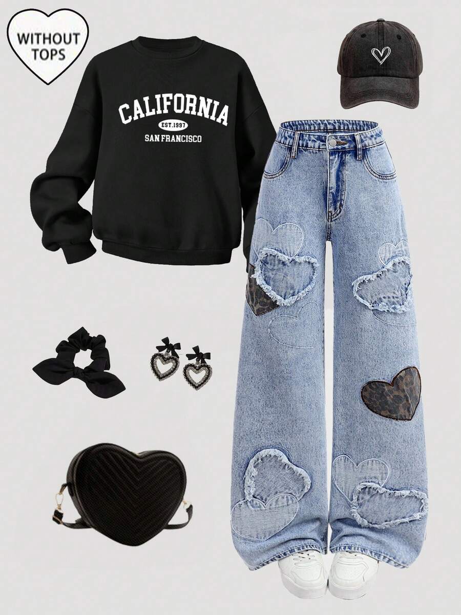 Girlism 少女时尚休闲 Y2K 复古酷炫街头风回归校园学院风豹纹心形拼接蓝色牛仔宽松阔腿牛仔裤日常穿搭秋冬秋季锐舞节和街头服饰 - 藍色 - 查看 1