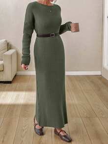 EURMUSE Boat Neck Ribbed Knit Midi Dress – Earthy Brown | Oversized Fit With Textured Stitch - Army Green - View 6