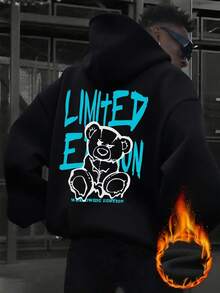 Sudadera con capucha para hombre, abrigo holgado y versátil con estampado de oso de juguete, ideal para vacaciones y viajes. - Negro - Ver 1