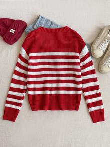 PrepCrw 1pc Tween Girls Red And White Stripe Pullover Sweater,Elegant Crew Neck Warm Comfortable Knitwear For School,Autumn,Casual Outings,Christmas Parties - Red and White - View 2