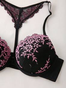 1pc Two-Tone Lace Halter Backless Front Closure Underwire Bra - Multicolor - View 5