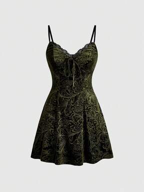 Goth Lace Patchwork Velvet Embossed Camisole A-Line Dress