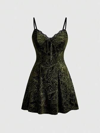 Goth Vestido camisero de línea A con parches de encaje y terciopelo con relieve
