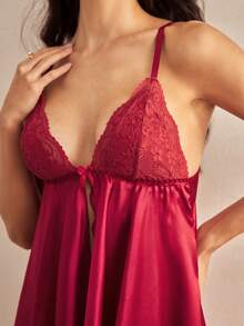Charlaine Conjunto de camisola sexy feminina de 2 peças: vestido de alças finas e calcinha fio dental. - Borgonha - Ver 6