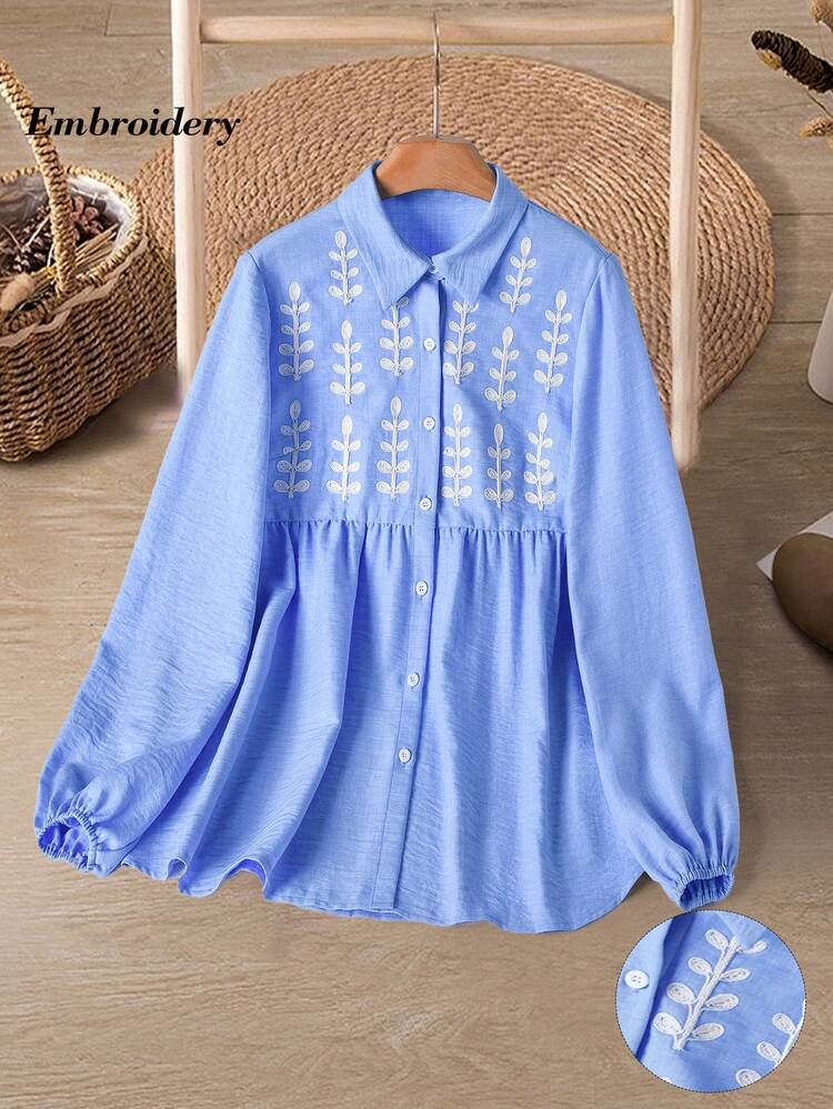 Chemise casual à manches longues brodée pour femmes, blouses d'automne à manches longues bleues pour femmes, blouses et chemises pour femmes, blouse à manches lanternes, vêtements d'hiver pour femmes, blouse sociale pour femmes, vêtements de nouvel an pour femmes