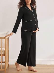 Moonlight&Mama 舒适波浪荷叶边黑色弹力简约翻领长袖上衣和裤子睡衣套装，适合秋季、秋冬季穿着的舒适孕妇睡衣套装 - 黑色 - 查看 7