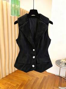 Franclia Áo vest không tay bằng vải nhung kẻ sọc màu đen cao cấp thời trang thu đông mới cho nữ, thiết kế nút, phong cách tối giản cổ điển, phù hợp đi làm, ve áo mỏng đa năng - màu đen - Xem 1