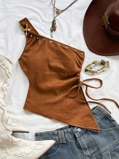 Soleia 女士夏季度假米色针织提花单肩修身下摆开衩抽绳褶皱吊带背心，适合派对、约会、情人节、复活节、狂欢节、下午茶、海滩、邮轮、城市度假等场合。