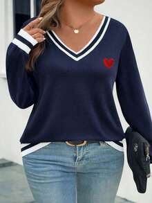 EMERY ROSE Áo nỉ cổ chữ V in hình trái tim màu tương phản cỡ lớn mới dành cho nữ - Nhiều màu - Xem 3