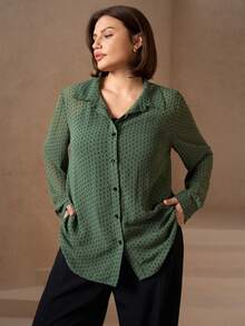 Chikora Plus Size Polka Dot Print Casual Commuter Shirt, Autumn - Green - View 3
