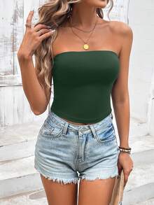 Sylviya 女士简约纯色百搭抹胸紧身休闲上衣，适合春夏季 - 綠色 - 查看 5