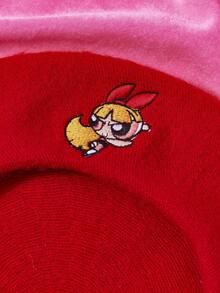 THE POWERPUFF GIRLS X SHEIN 女士日常花卉刺绣贝雷帽，秋冬款 - 紅色 - 查看 3