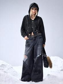 ROMWE Grunge Punk Punk Metal Nit Design Beskuren Lös Hoodie För Damer - Svart - Visa 2