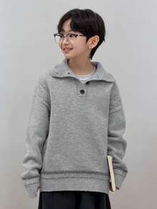 DAZY Áo len dài tay cổ bẻ vai trễ vai màu trơn cho bé trai tuổi mới lớn, thu/đông - Xám - Xem 7