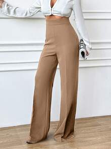 EURMUSE 大码女式休闲纯色高腰直筒裤 - 米色 - 查看 6