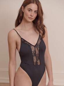 lacRébo Black Lace Bodysuit - V Neckline With Sheer Lace Panel And Spaghetti Straps - Black - View 1