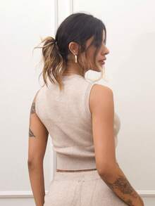 Rayane Ketlyn Knitted Button Through Sweater Vest Spring Y2K 90's Casual Cute Airport Holiday Summer Fall Back To School Autumn Winter Everyday Christmas Work Office Party - Khaki - View 2