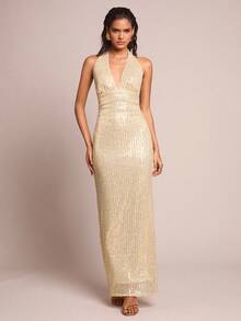 SHEIN Glamour Women's Solid Color Sequin Deep V Glamorous Fashion Halter Dress - Gold - View 6