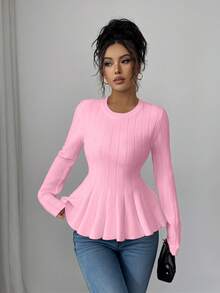 Elenzga Damen eleganter taillierter A-Linien Pullover mit rundem Ausschnitt und Langarm in Unifarbe, Herbst - Pink - Übersicht 3