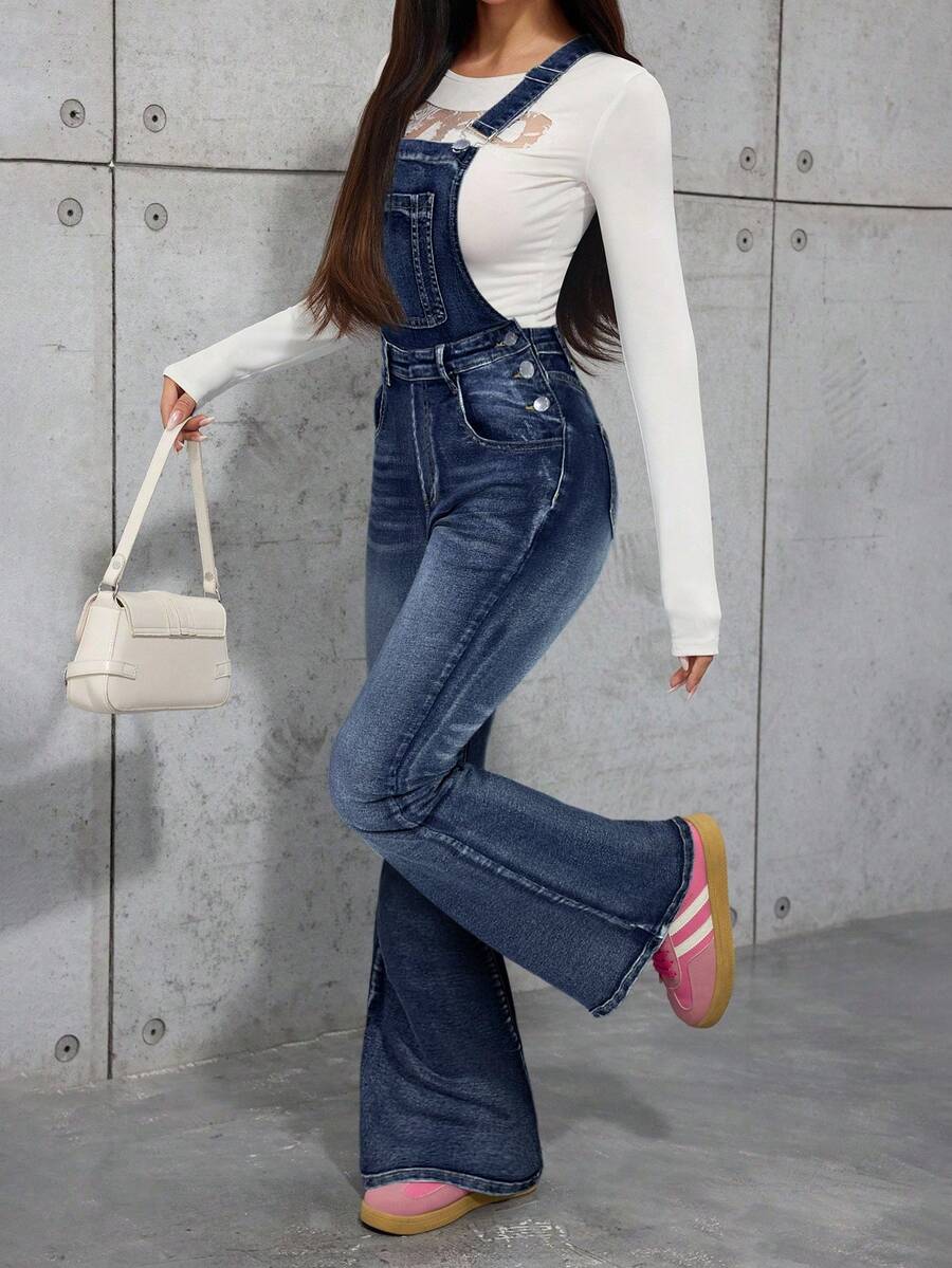 SHEIN Teen Girl Y2K Blue Denim Elastic Skinny Flare Suspender Pants,Fall Clothes,Winter Clothing ,Casual And Fashionable Vacation Outfits,Street Wear,2000s Style  ,Christmas Clothing,Bell Bottom  Jeans ,Bell Bottom  Jeans  Overall,