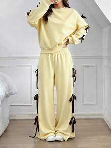 SHEIN EZwear 秋冬女士休闲宽松浅黄色蝴蝶结装饰两件套 米黄色两件套，冬季 - 淡黃色 - 查看 1