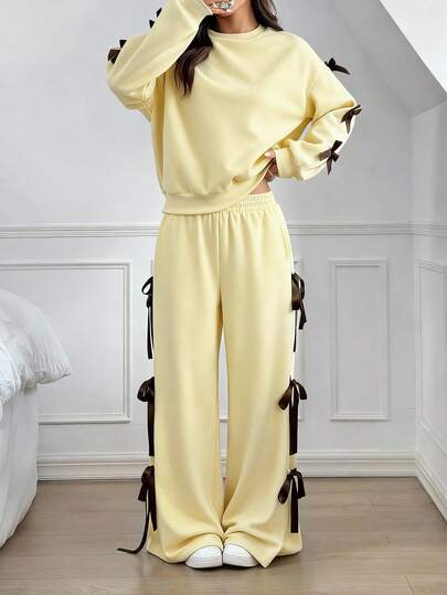 SHEIN EZwear 秋冬女士休闲宽松浅黄色蝴蝶结装饰两件套 米黄色两件套，冬季