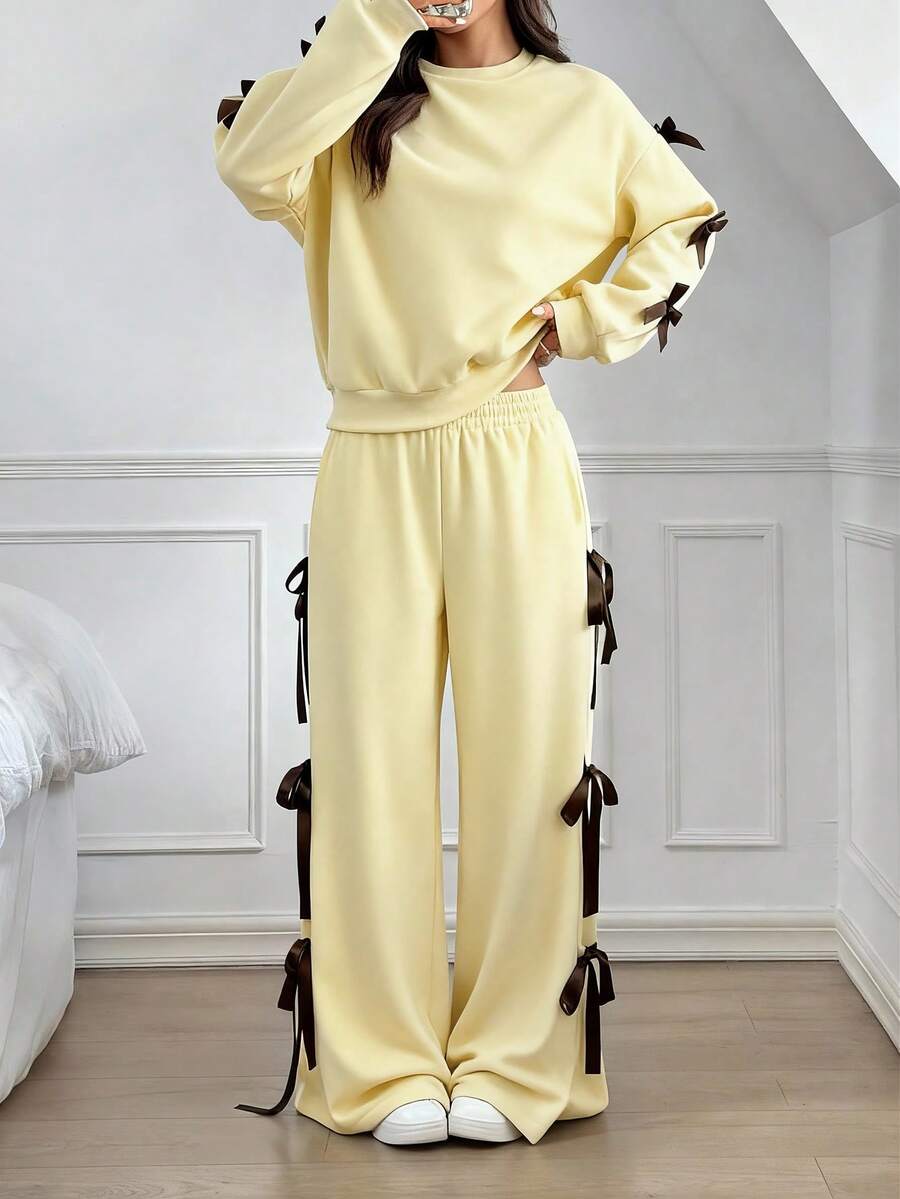 SHEIN EZwear 秋冬女士休闲宽松浅黄色蝴蝶结装饰两件套 米黄色两件套，冬季 - 淡黃色 - 查看 1