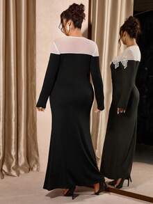 Cravure Plus Size Women's Lace Trim Off-Shoulder Bodycon Dress, Stylish, Sexy, Dignified, Elegant, Romantic - Black and White - View 2