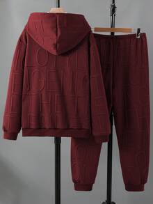 2pcs/Set Teen Boy Casual Solid Color Long Sleeve Thermal Lined Zip-Up Jacket And Pants Set, Suitable For Everyday Casual Outdoor Wear, Autumn/Winter - Burgundy - View 2