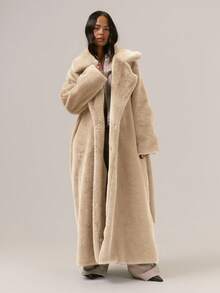 MUSERA Oversized Loose Fit Belted Maxi Length Fuzzy Fur Coat Classy Sexy Cute Night Out Vacation Autumn Fall Winter Outerwear September Spring - Cream - View 4