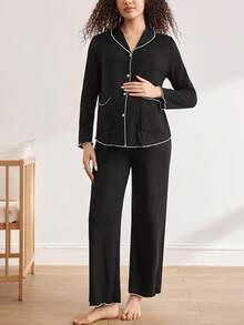Moonlight&Mama 舒适波浪荷叶边黑色弹力简约翻领长袖上衣和裤子睡衣套装，适合秋季、秋冬季穿着的舒适孕妇睡衣套装 - 黑色 - 查看 5