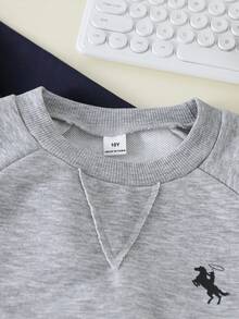 SHEIN Mirajuku 2pcs Boys Casual Solid Raglan Sleeve Sweatshirt, Gray And Navy Blue Knit Crew Neck Tops, Suitable For Outings And Homewear, Simple And Versatile