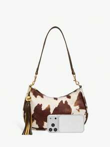SHEIN SXY Ladies, Women Shoulder Bag, Hobo Bag, Cow Print, Animal Print, Tassel Decorative Pendant, Retro, Vintage, Fashionable, Elegant, Simple, Personalized, Versatile, Classic, For Commute, Office, Date, Daily, Shopping, Afternoon Tea - cow pattern - View 4