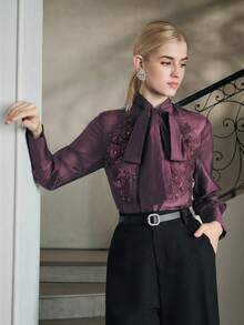 Anewsta Vacation Style Sexy Sheer Applique Decor Tie-Up Bow Blouse For Women - Purple - View 7