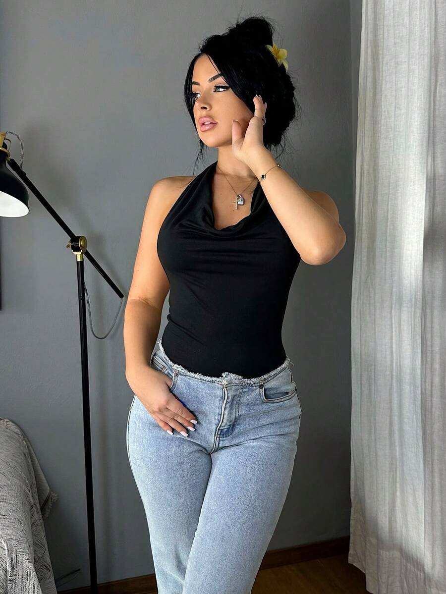 Vassilux 女式休闲垂坠领露背紧身衣 - 黑色 - 查看 1