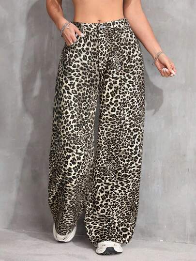 SHEIN Teen Girl Vintage 90s Leopard Print Loose Pocket Casual Low Rised Jeans Versatile Denim Wide Leg Jeans Y2k,Teacher,Back To School,Church,Business Casual,Cargo Denim Jeans,Fall Winter Baggy Pants
