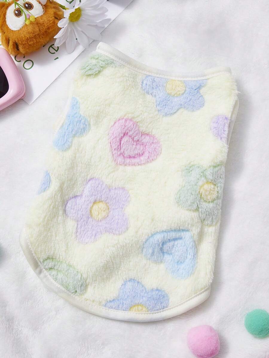 PETSIN 1pc Blue Small Flower Printed Pet Vest, Holiday Autumn And Winter Thick Flannel Warm Pet Clothes - Multicolor - View 1