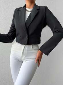 EURMUSE Women's Solid Color Long Sleeve Two-Button Short Casual Blazer - Dark Grey - View 5