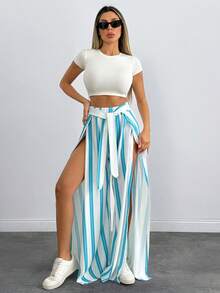 EURMUSE Unity Self Belted Split Thigh Striped Pant - Multicolor - View 3
