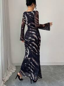 Modelyn Animal Print Leopard Pattern Boat Neck Cinched Waist Long Sleeve Mesh Dress, Autumn - Multicolor - View 2