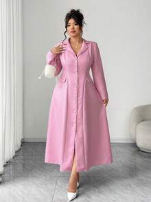 Elenzga 大码女士优雅收腰A字长袖连衣裙，秋冬季及返校季的时尚之选 - 粉色 - 查看 5