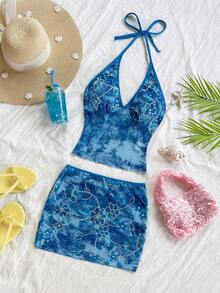 Soleia 女式两件套花卉印花露背上衣和迷你裙套装，适合海滩/度假 - 藍色 - 查看 4