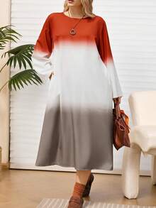 EMERY ROSE 大码女式休闲长袖圆领渐变色拼色连衣裙，带口袋，秋冬 - 彩色 - 查看 5