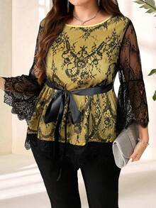 EMERY ROSE Top élégant à manches évasées en dentelle noire pour femmes grandes tailles, vêtements d'automne pour femmes