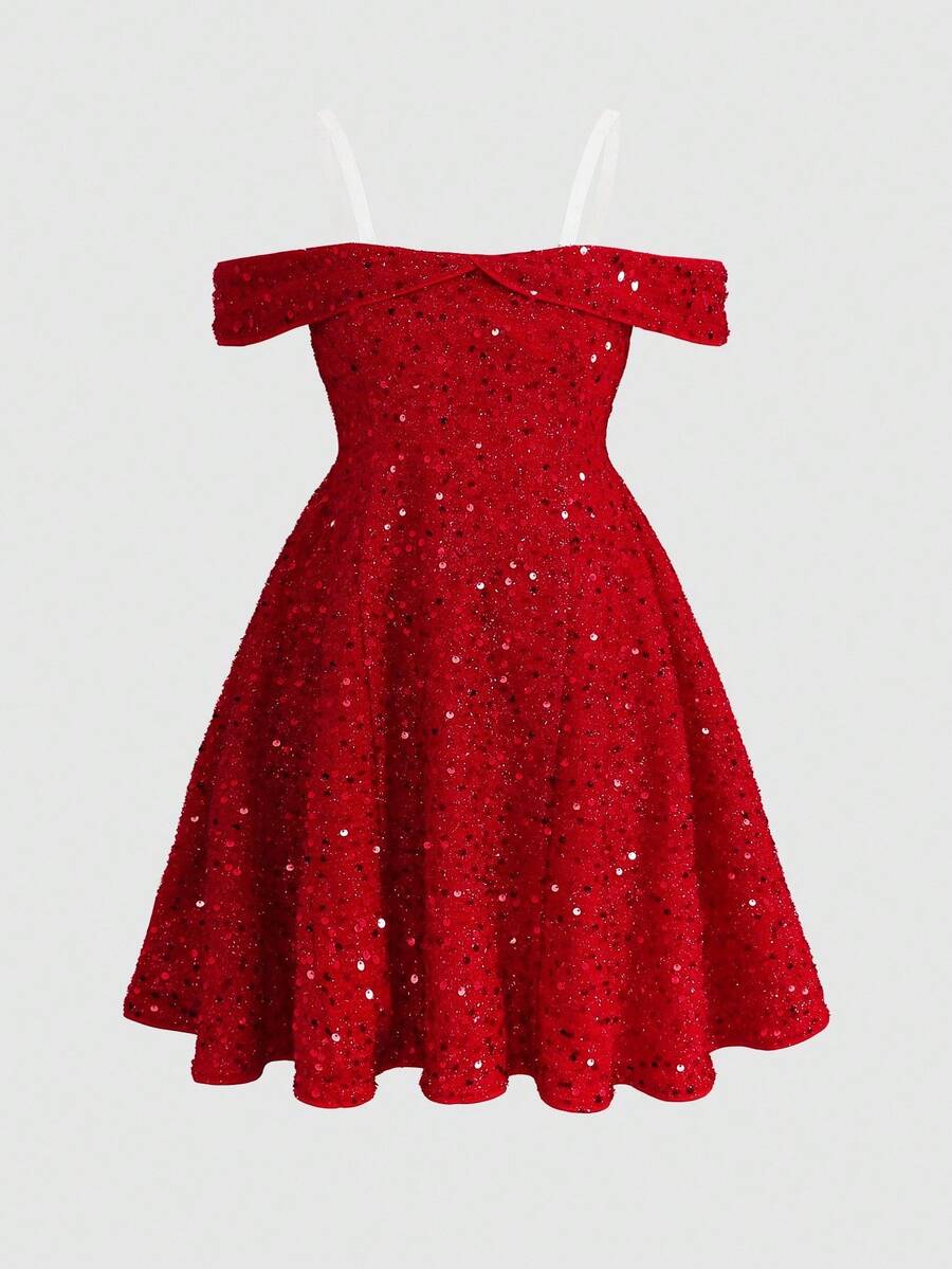 SHEIN Tween Girl Casual Minimalist Comfortable Off Shoulder Cinched Waist A-Line Mid-Length Dress, Red - Red - View 1